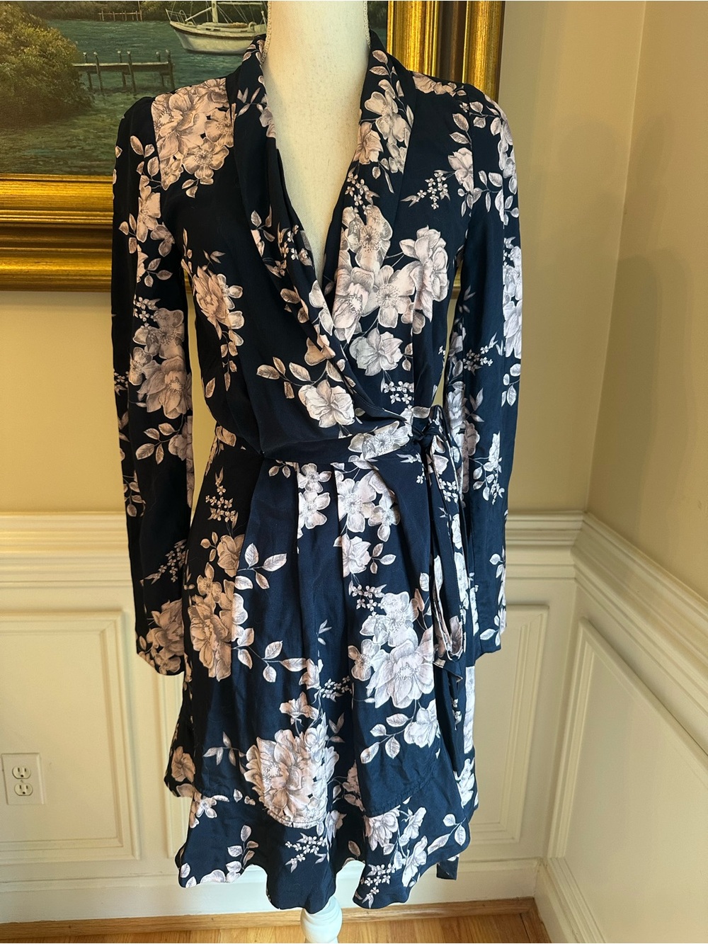 MARISSA WEBB Navy Blue Pink Floral Wrap Ruffle Dress